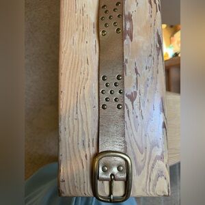 Vintage Distressed Metallic Gold Finish Studded Leather Belt and Brass Buckle L